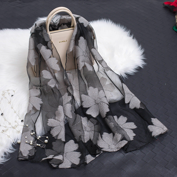 Silk Organza Floral Scarf - Hollow Cutout Elegant Women Shawl