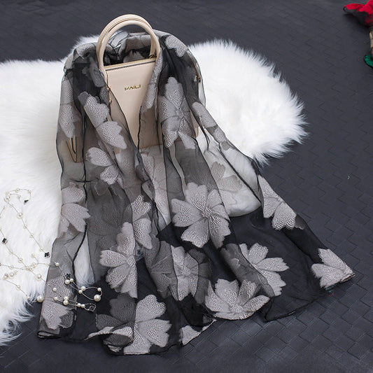 Silk Organza Floral Scarf - Hollow Cutout Elegant Women Shawl
