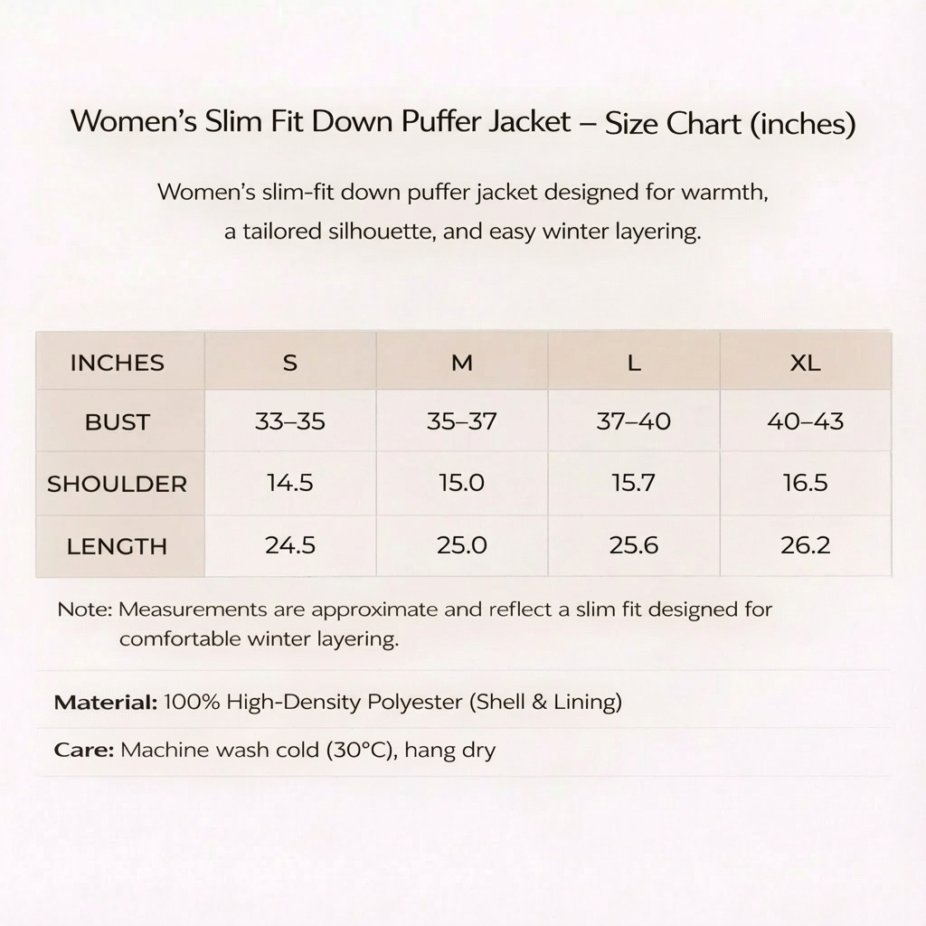 Women's Slim Fit Down Puffer Jacket - Warm Water-Resistant Winter Coat