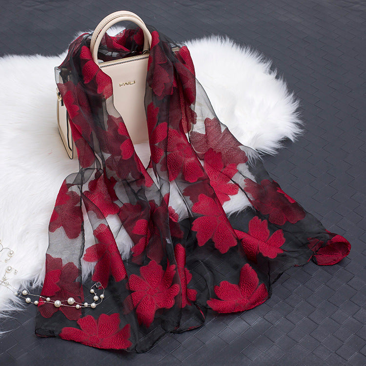 Silk Organza Floral Scarf - Hollow Cutout Elegant Women Shawl