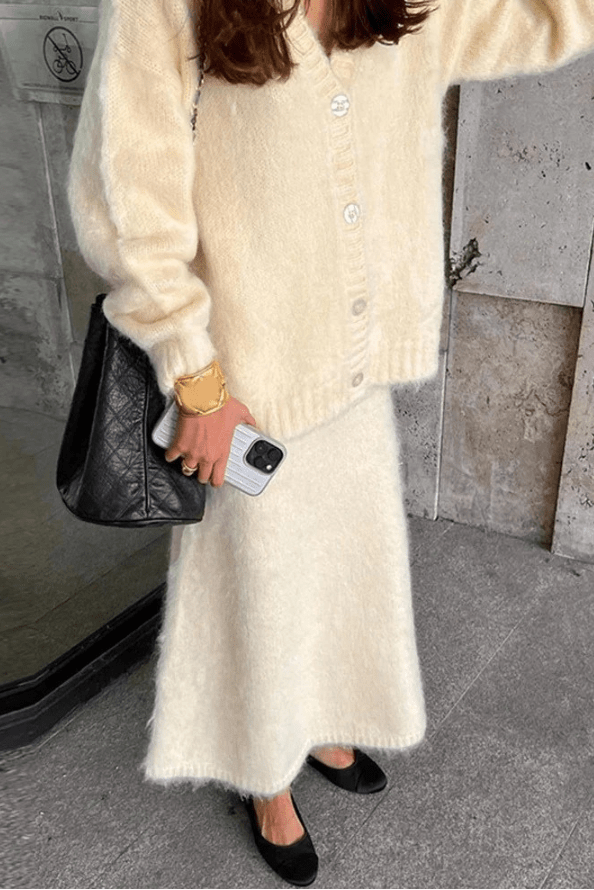Women’s Knit Cardigan & Maxi Skirt Set – Elegant V-Neck Co-Ord Outfit