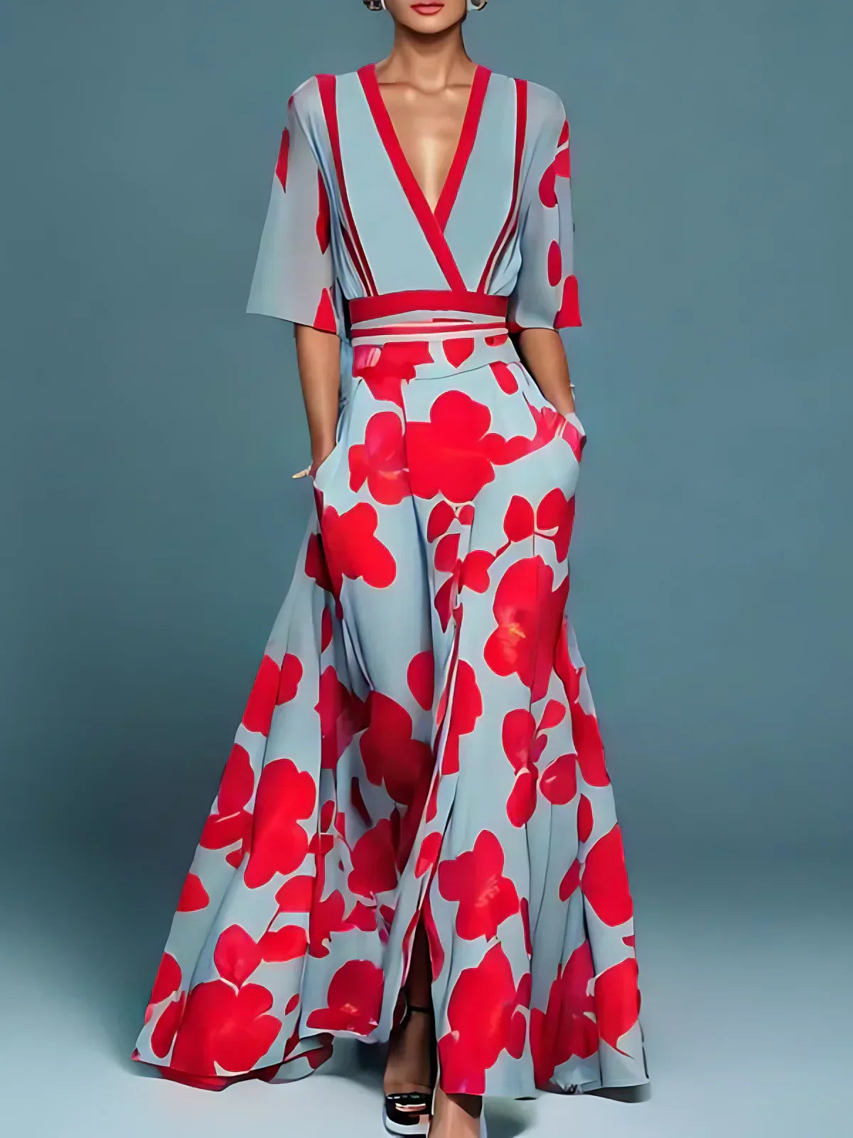 Elegant Floral V-Neck Long Dress - Flowing Summer Maxi