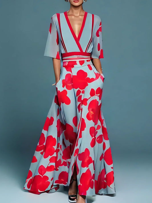 Elegant Floral V-Neck Long Dress - Flowing Summer Maxi