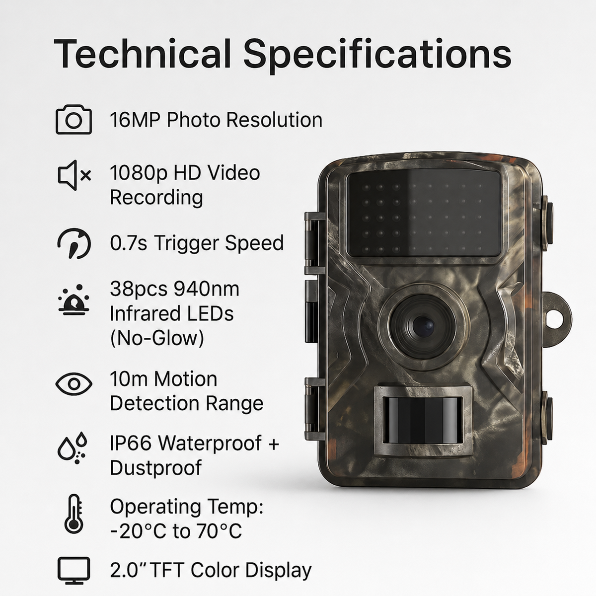 Outdoor Wildlife Trail Camera 1080p 16MP Night Vision IP66 Cam
