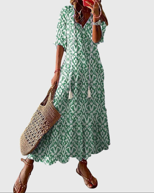 Women’s Boho Summer Dress – Vintage V-Neck Flowy Style