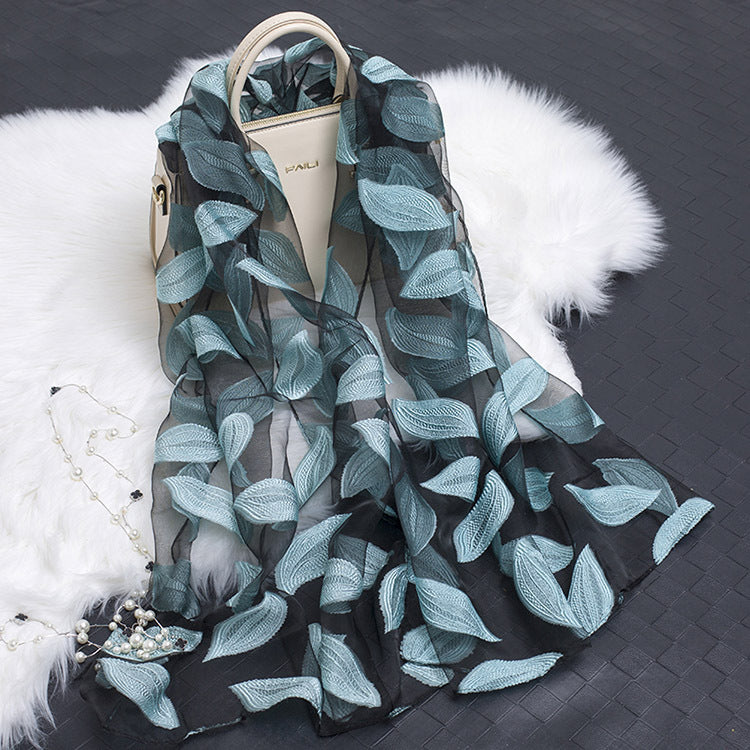 Silk Organza Floral Scarf - Hollow Cutout Elegant Women Shawl