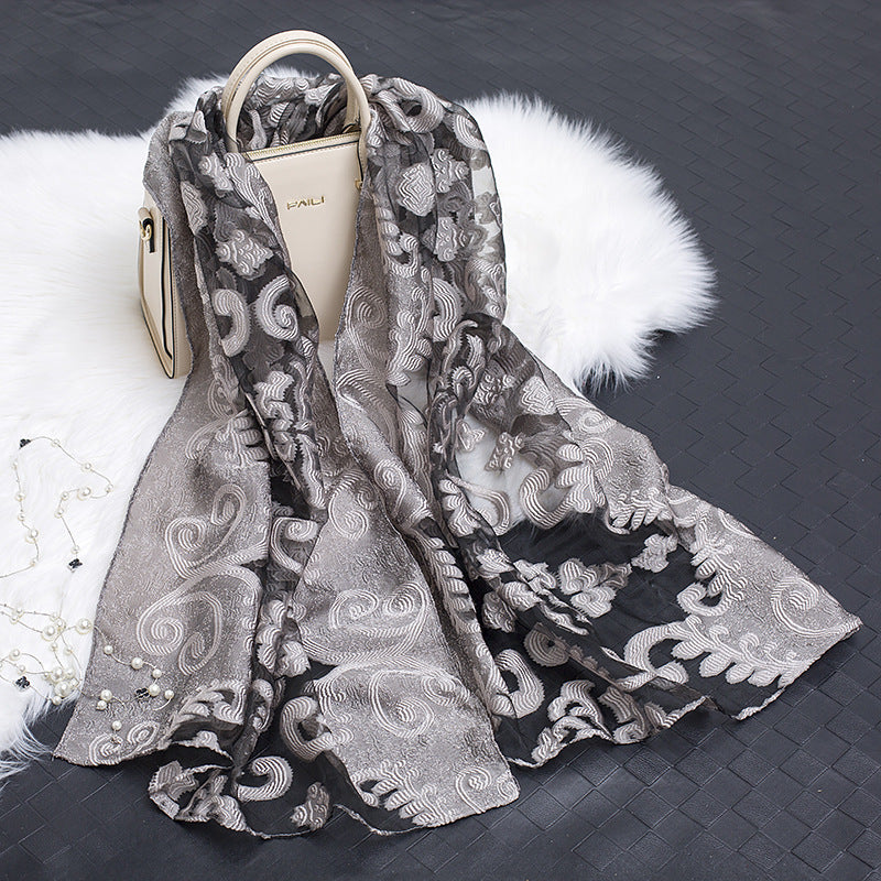Silk Organza Floral Scarf - Hollow Cutout Elegant Women Shawl