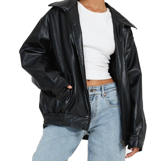 Women’s Oversized Faux Leather Bomber Jacket