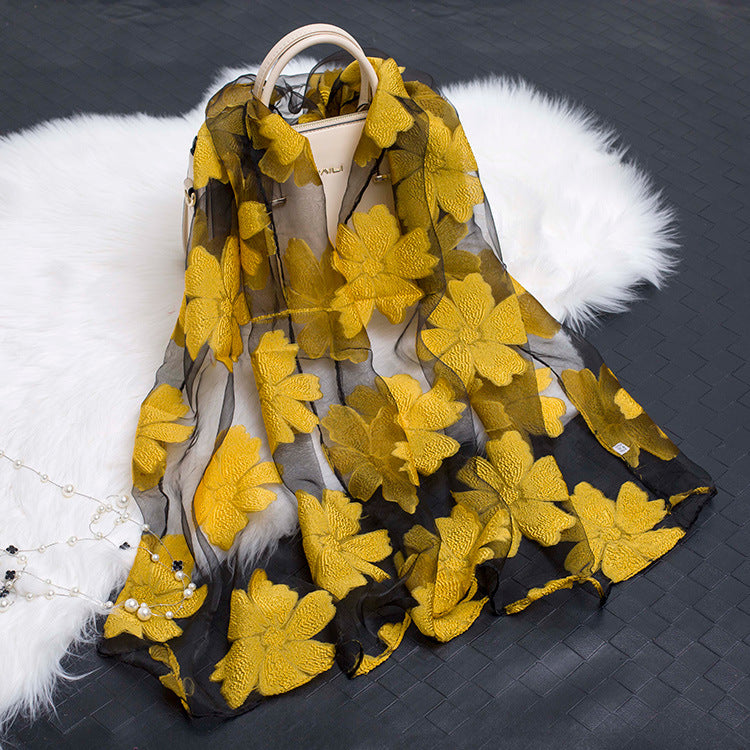 Silk Organza Floral Scarf - Hollow Cutout Elegant Women Shawl