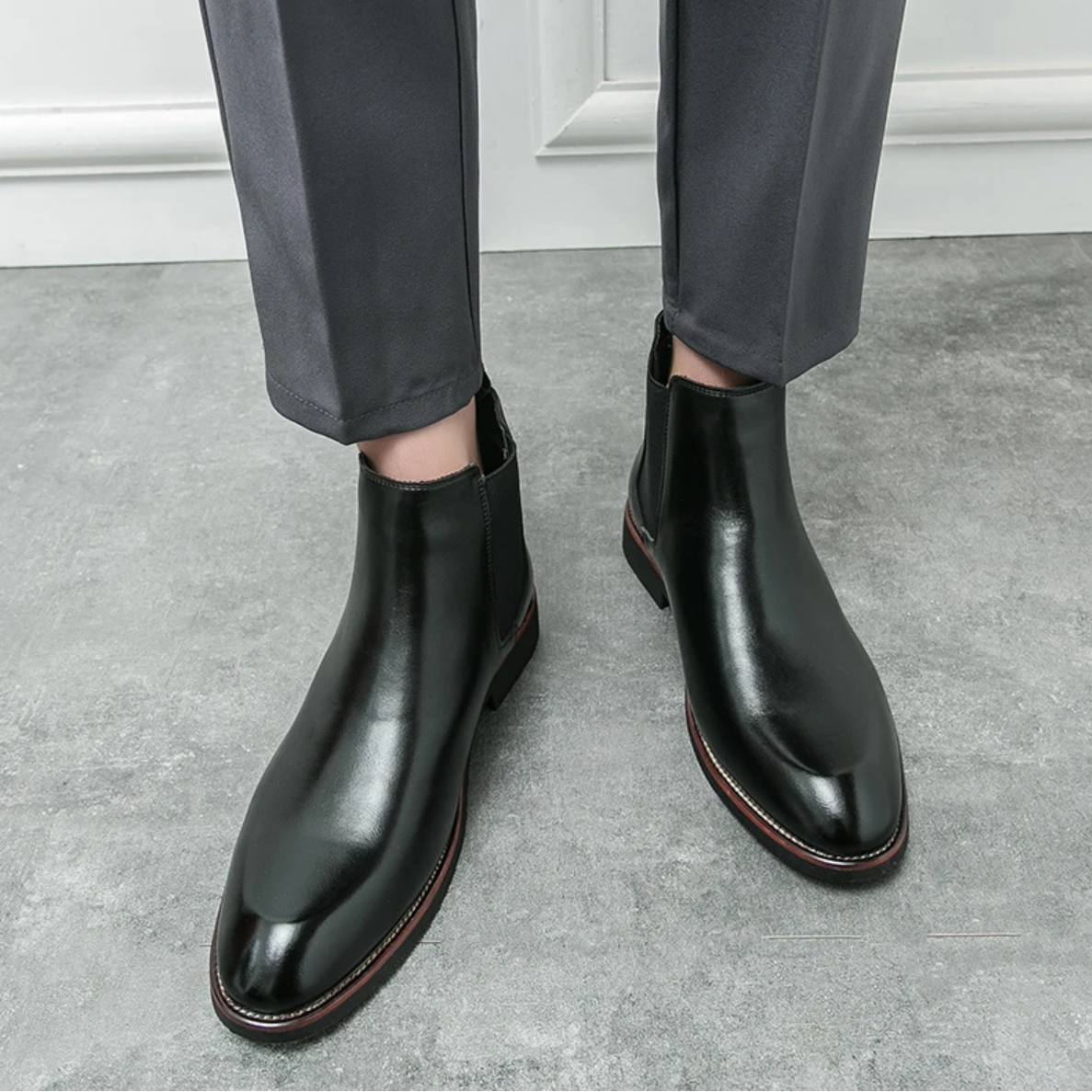 Men’s Black Leather Chelsea Boots with Anti-Slip Rubber Sole