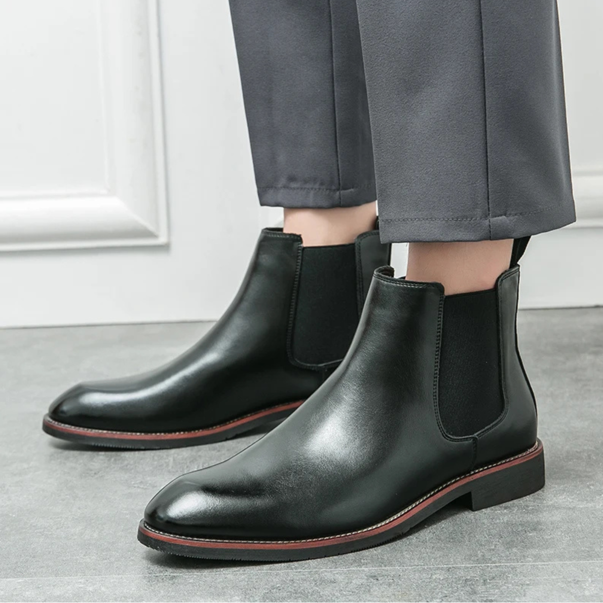 Men’s Black Leather Chelsea Boots with Anti-Slip Rubber Sole