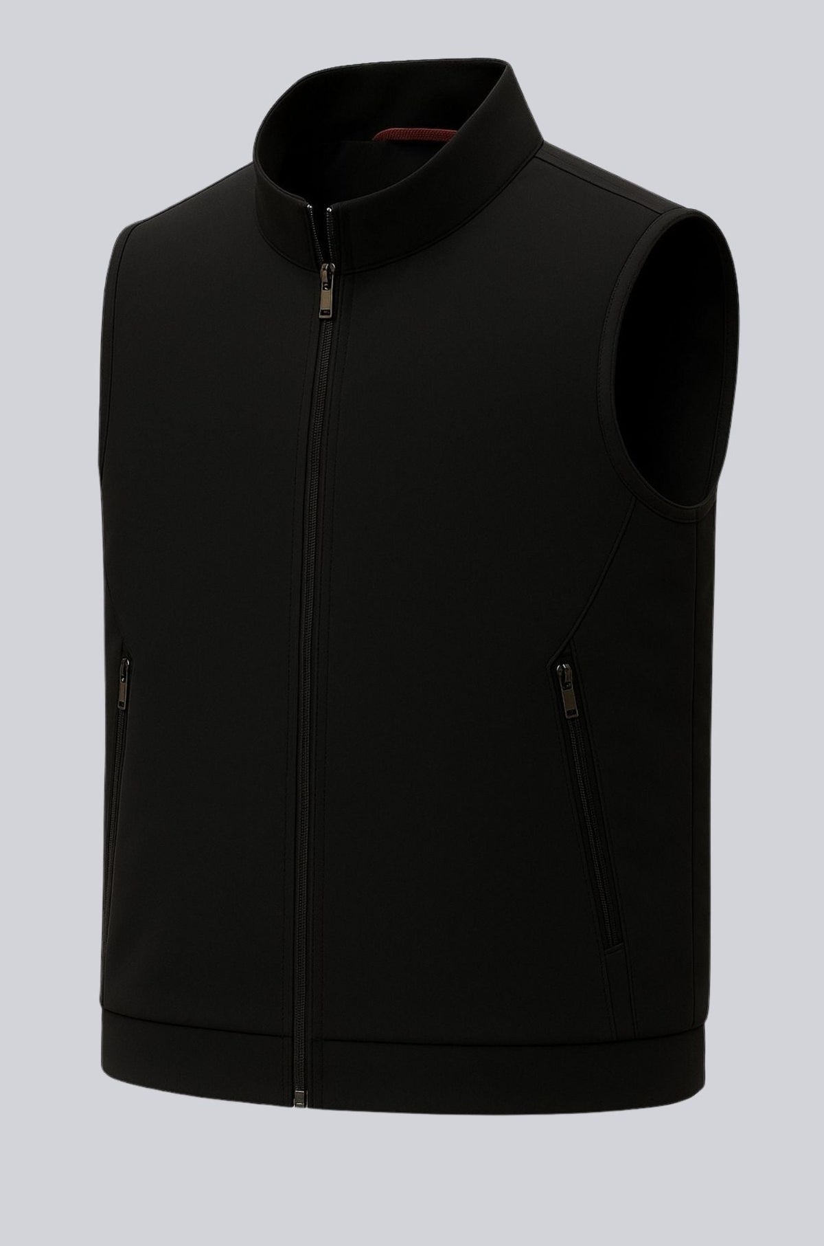 Men's Black Zip-Up Vest - Stand Collar & Pockets