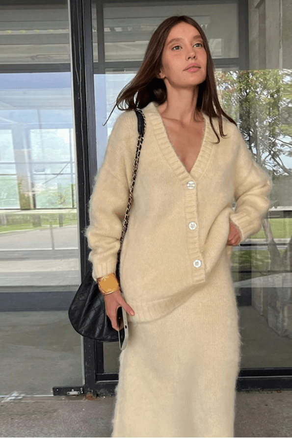 Women’s Knit Cardigan & Maxi Skirt Set – Elegant V-Neck Co-Ord Outfit