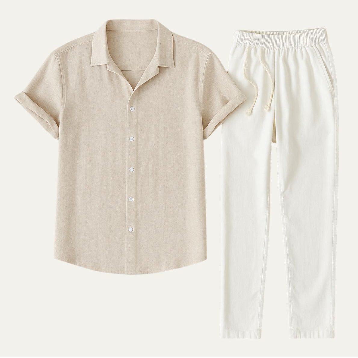 Men’s Linen Set – Short Sleeve Shirt & Drawstring Pants Summer Outfit