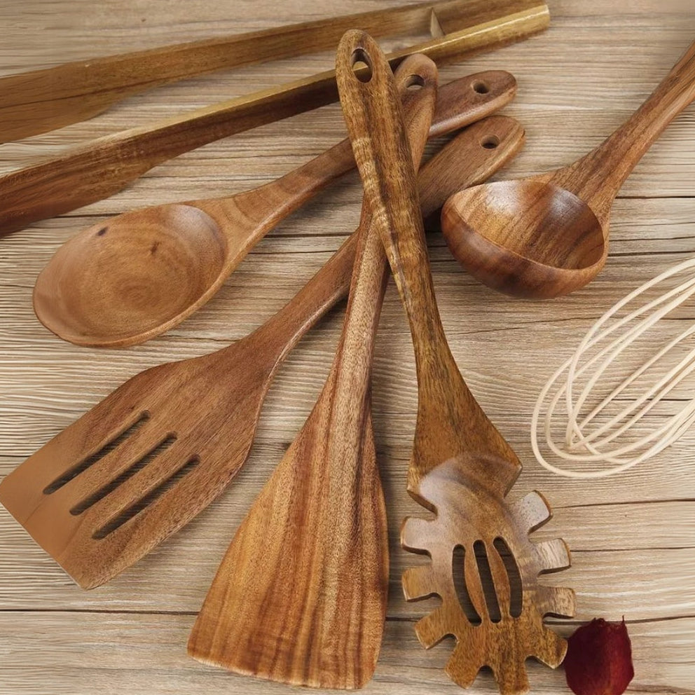Minimalist Wooden Cooking Utensils Set – 7-Piece Non-Scratch Kitchen Tool Set