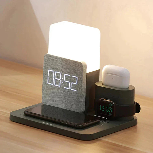 4 in 1 Bedside Wireless Charging Station - Alarm Clock LED Lamp