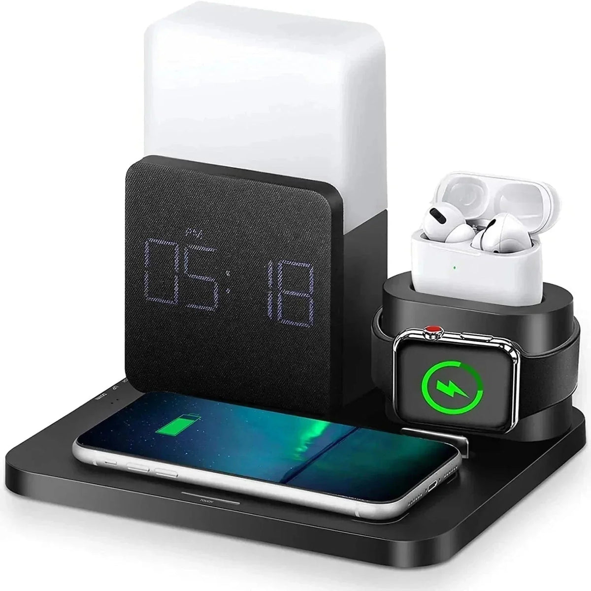 4 in 1 Bedside Wireless Charging Station - Alarm Clock LED Lamp