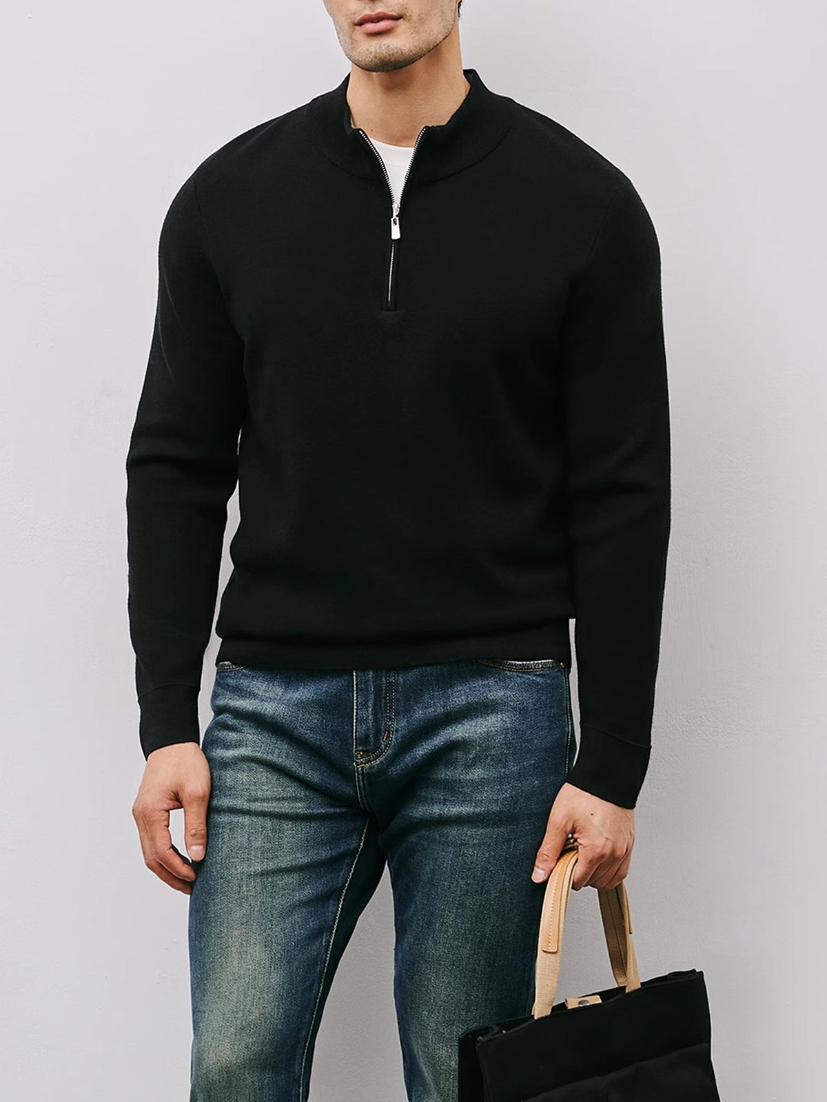 Men's Refined Quarter Zip Sweater Warm Stand Collar Knit Pullover