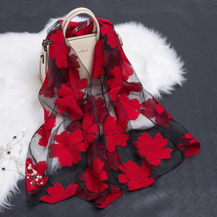 Silk Organza Floral Scarf - Hollow Cutout Elegant Women Shawl