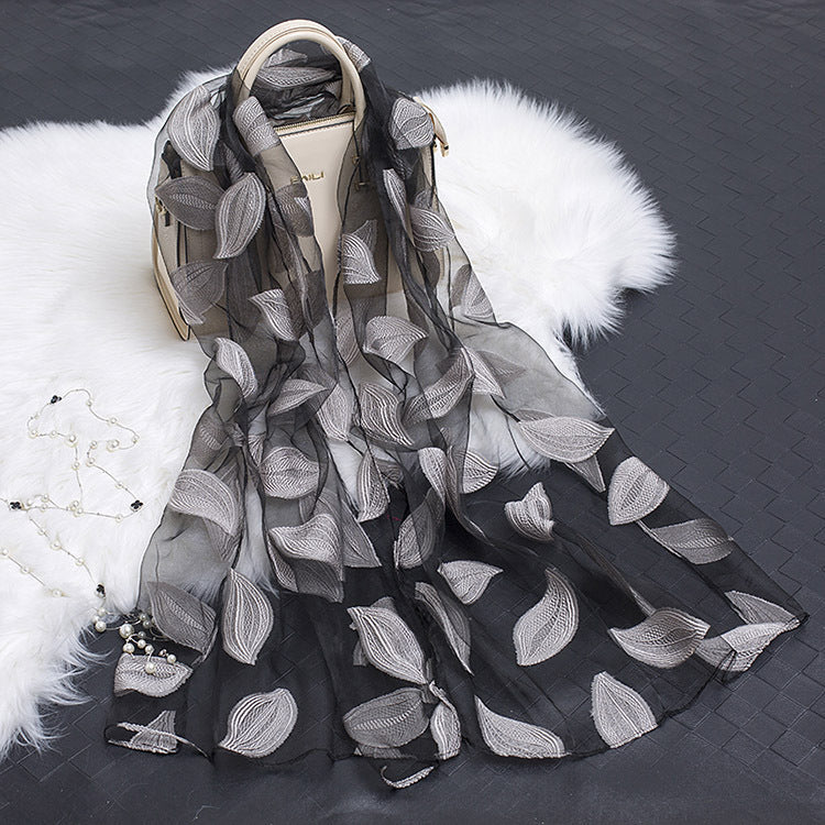 Silk Organza Floral Scarf - Hollow Cutout Elegant Women Shawl