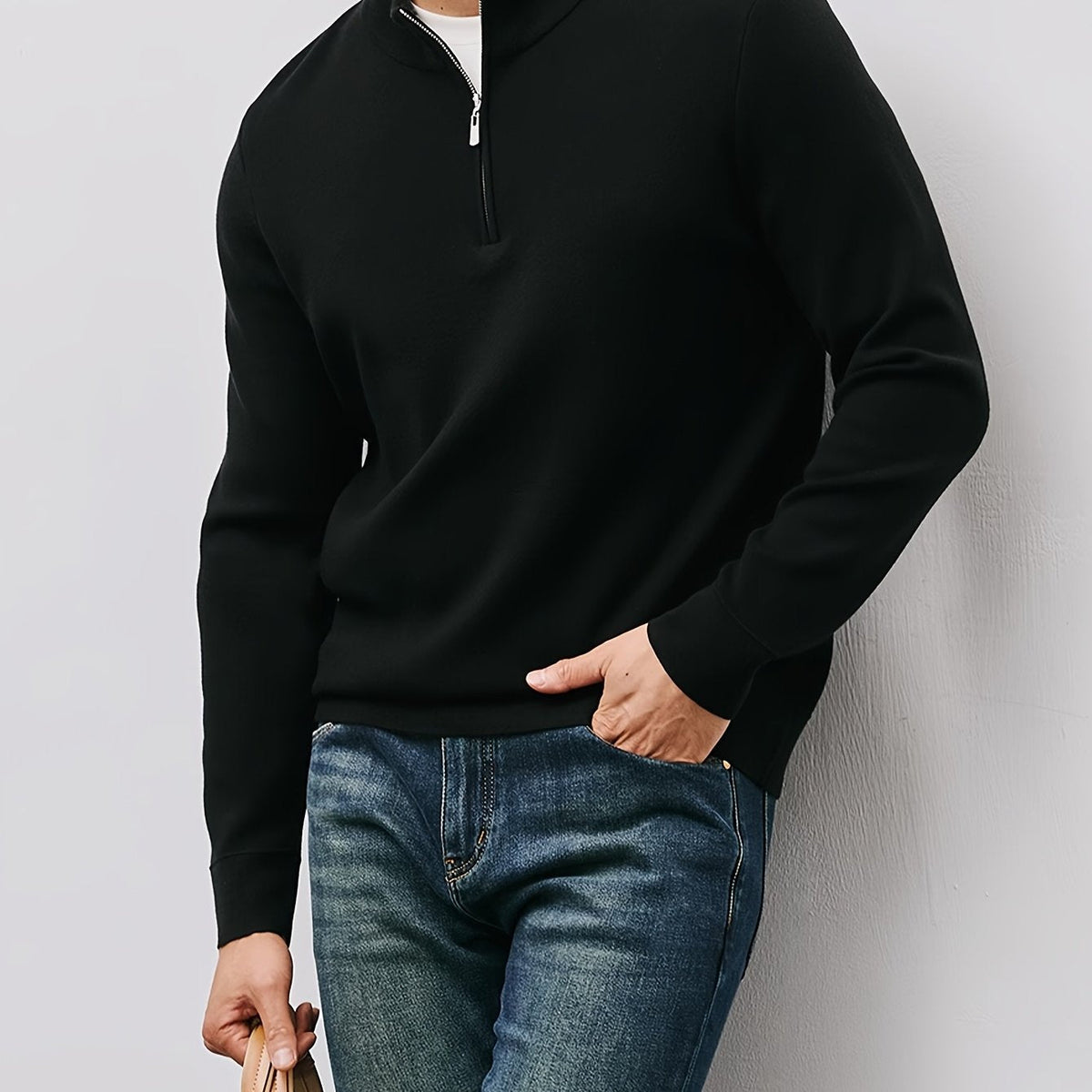 Men's Refined Quarter Zip Sweater Warm Stand Collar Knit Pullover