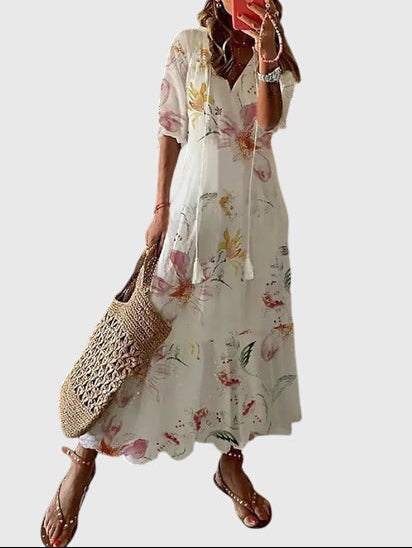 Women’s Boho Summer Dress – Vintage V-Neck Flowy Style