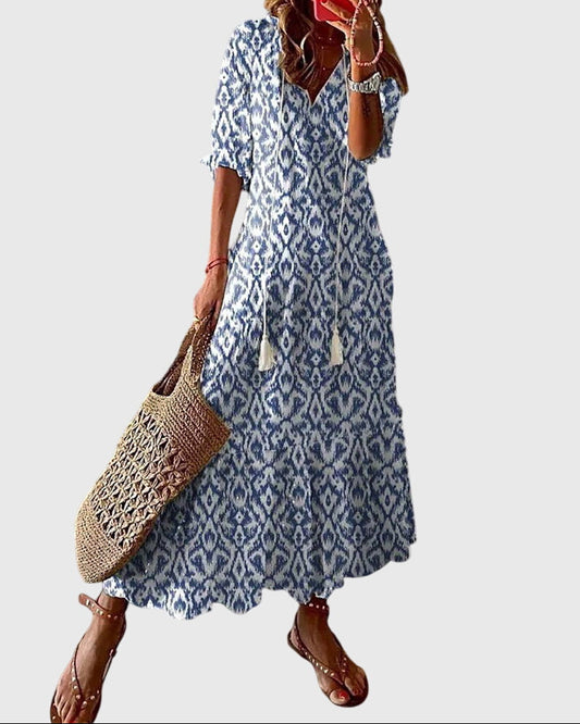 Women’s Boho Summer Dress – Vintage V-Neck Flowy Style