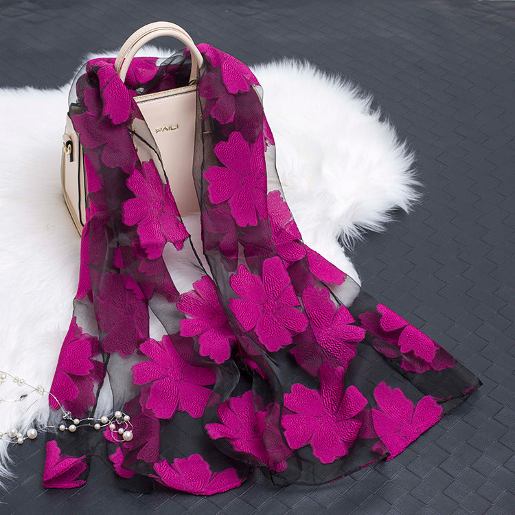 Silk Organza Floral Scarf - Hollow Cutout Elegant Women Shawl