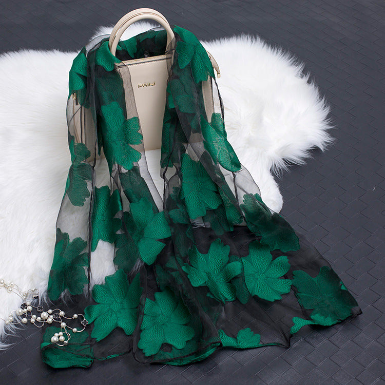 Silk Organza Floral Scarf - Hollow Cutout Elegant Women Shawl