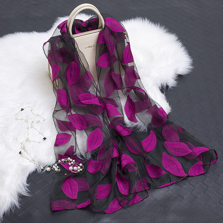 Silk Organza Floral Scarf - Hollow Cutout Elegant Women Shawl