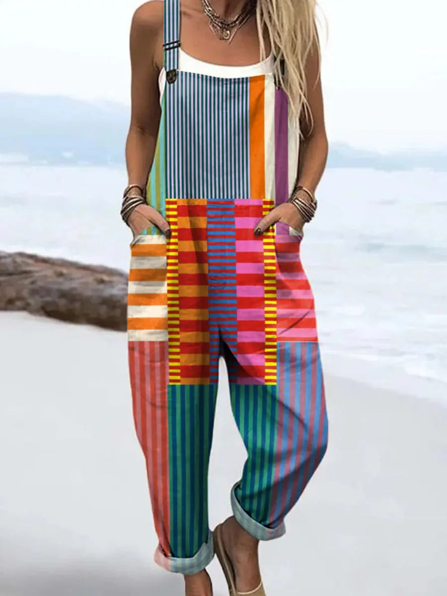 Women's Rainbow Stripe Patchwork Jumpsuit - Boho Summer Romper