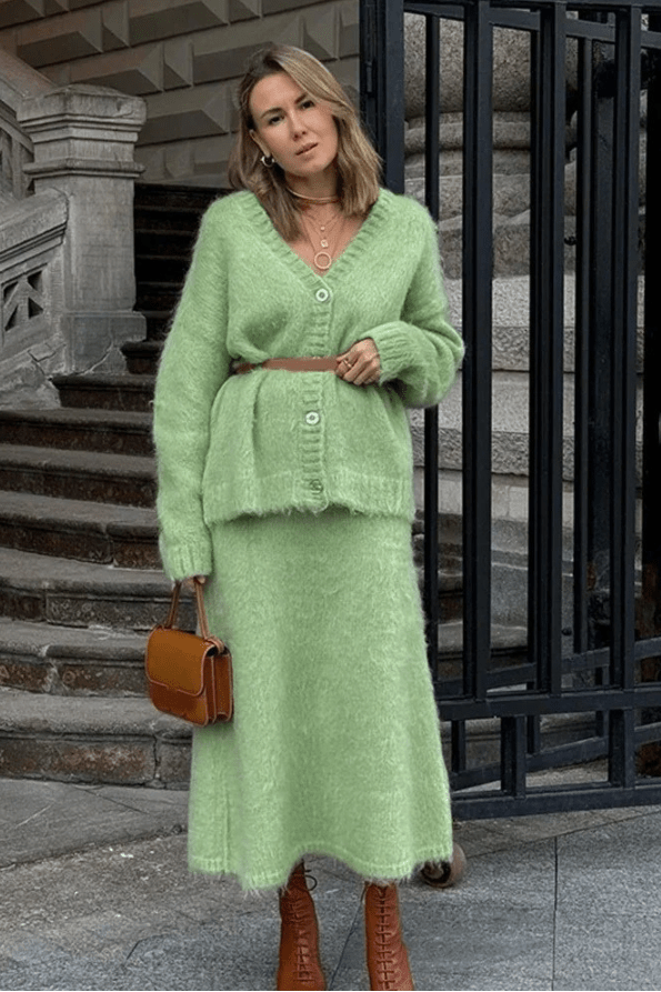 Women’s Knit Cardigan & Maxi Skirt Set – Elegant V-Neck Co-Ord Outfit