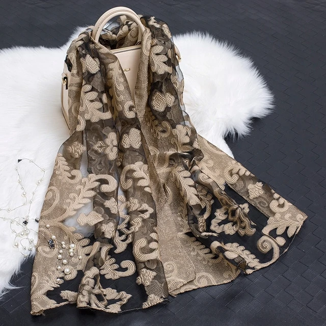 Silk Organza Floral Scarf - Hollow Cutout Elegant Women Shawl