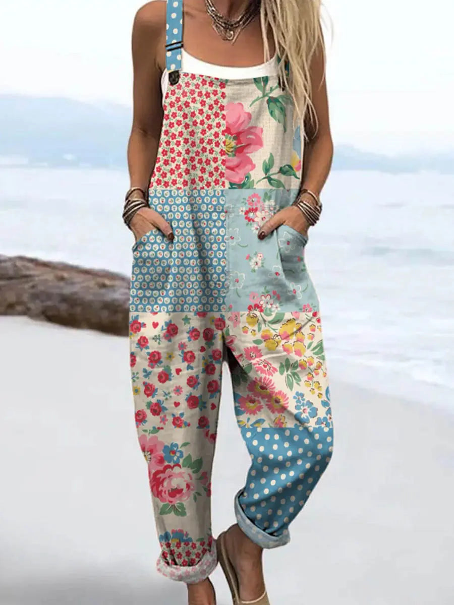 Women's Patchwork Floral Jumpsuit - Retro Polka Dot Summer Romper