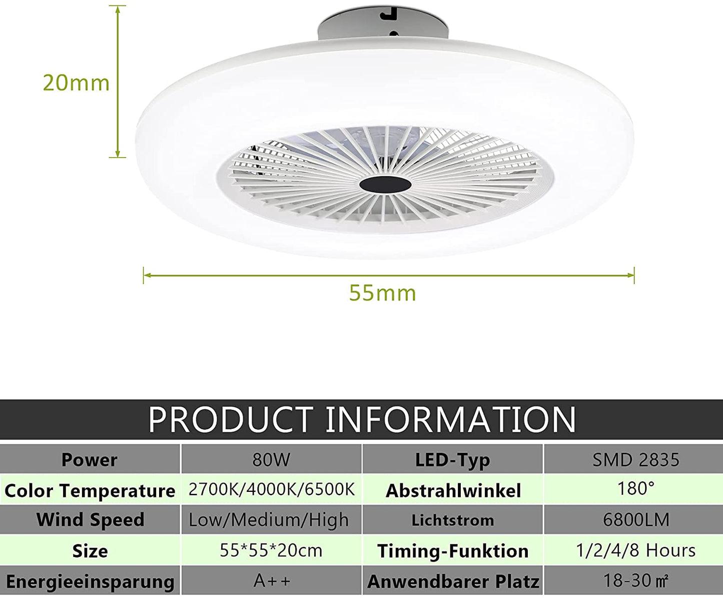 80W LED Ceiling Fan with Light - Remote Control Quiet Bedroom