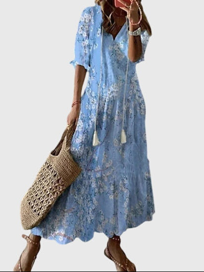 Women’s Boho Summer Dress – Vintage V-Neck Flowy Style