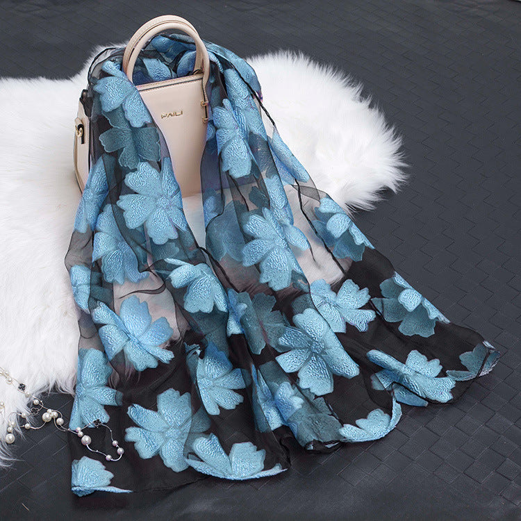 Silk Organza Floral Scarf - Hollow Cutout Elegant Women Shawl