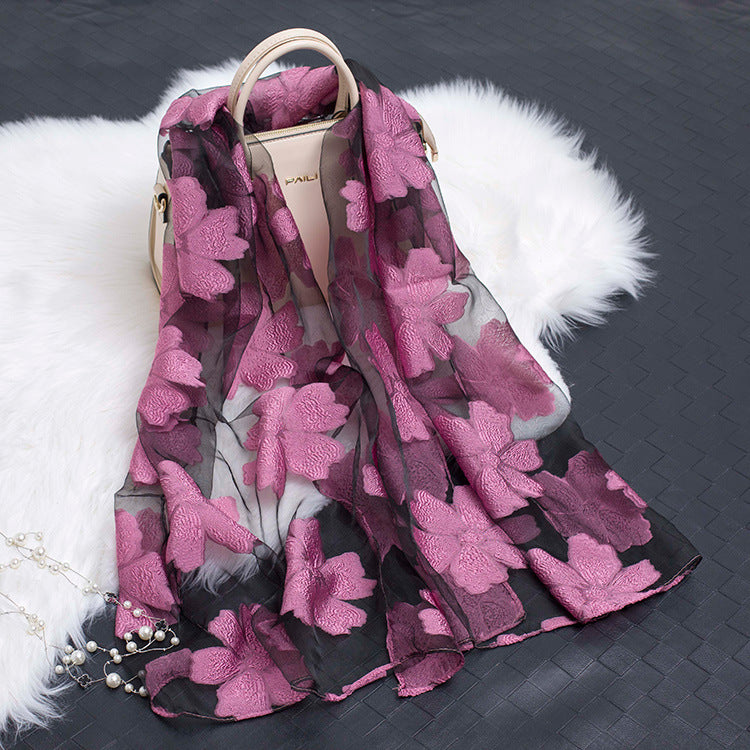 Silk Organza Floral Scarf - Hollow Cutout Elegant Women Shawl