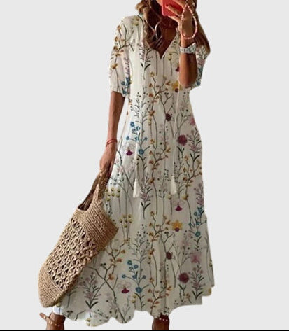 Women’s Boho Summer Dress – Vintage V-Neck Flowy Style