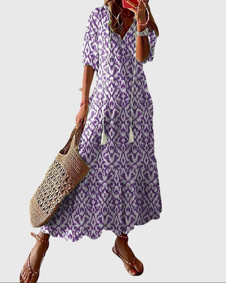 Women’s Boho Summer Dress – Vintage V-Neck Flowy Style