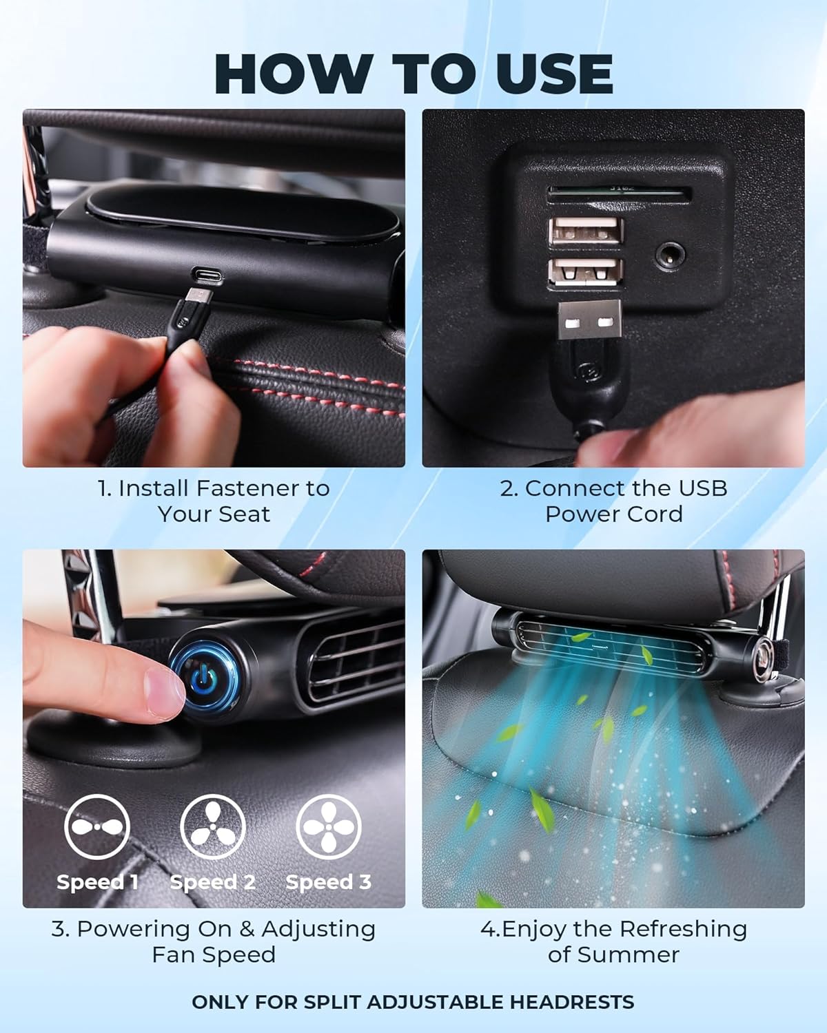 Bladeless USB Car Cooling Fan - 3-Speed Backseat Headrest Mount