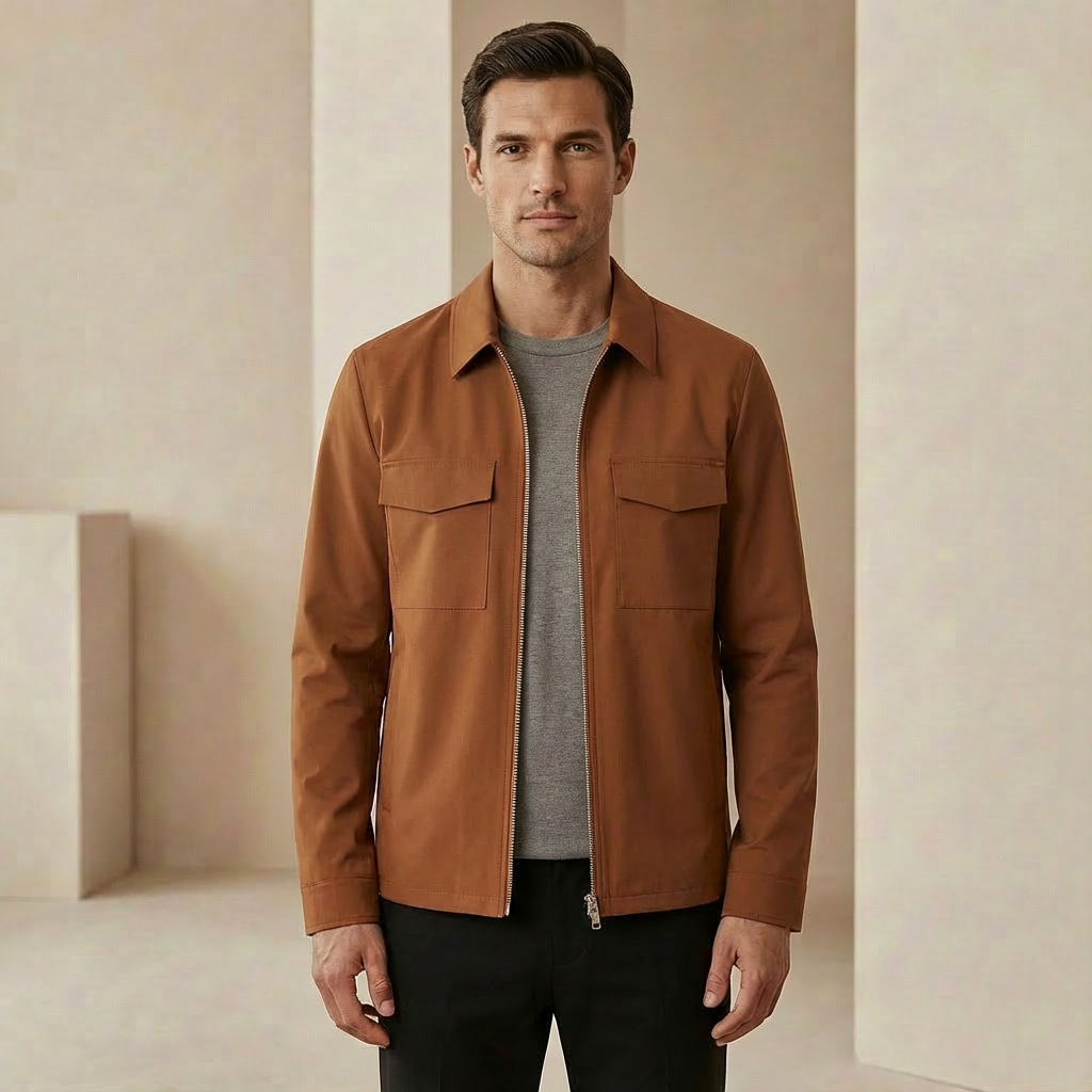 Men's Classic Collared Zip-Front Jacket - Regular Fit Casual Outerwear