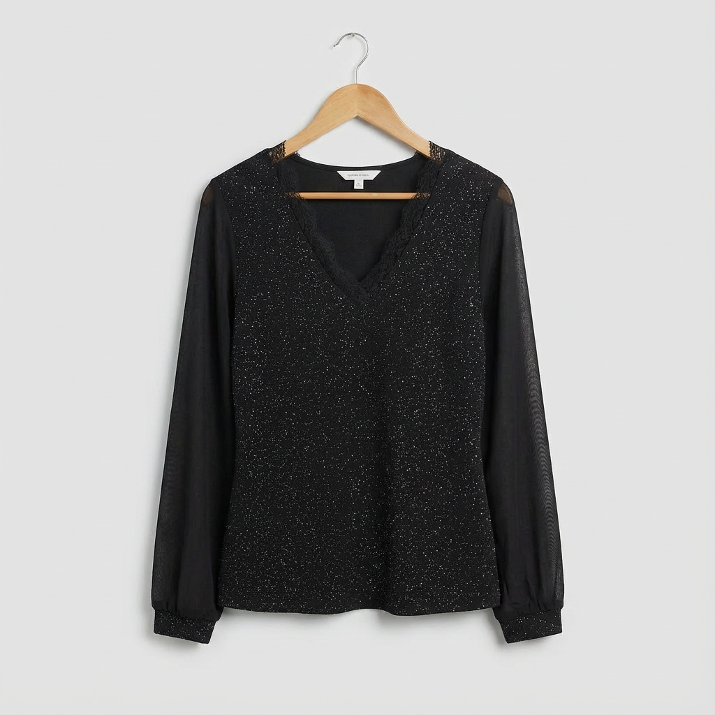 Sofia - Elegant V-Neck Blouse - Long Sleeve Shimmer Top