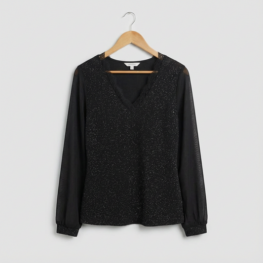 Sofia - Elegant V-Neck Blouse - Long Sleeve Shimmer Top