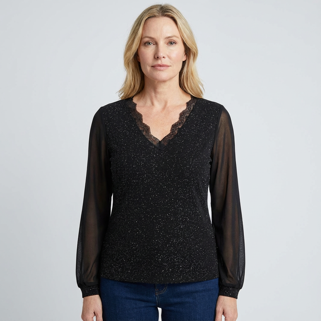 Sofia - Elegant V-Neck Blouse - Long Sleeve Shimmer Top