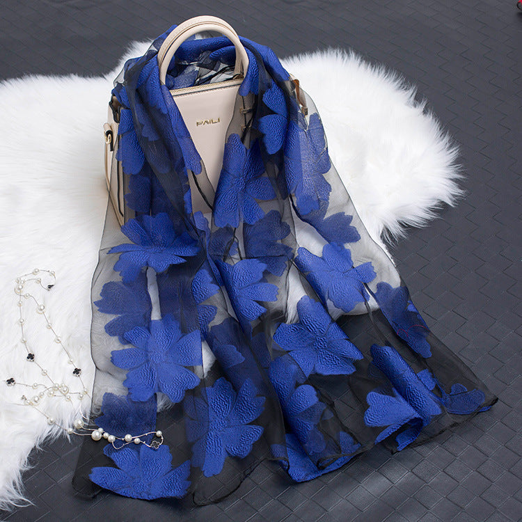 Silk Organza Floral Scarf - Hollow Cutout Elegant Women Shawl