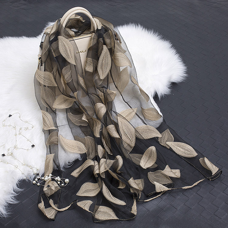 Silk Organza Floral Scarf - Hollow Cutout Elegant Women Shawl