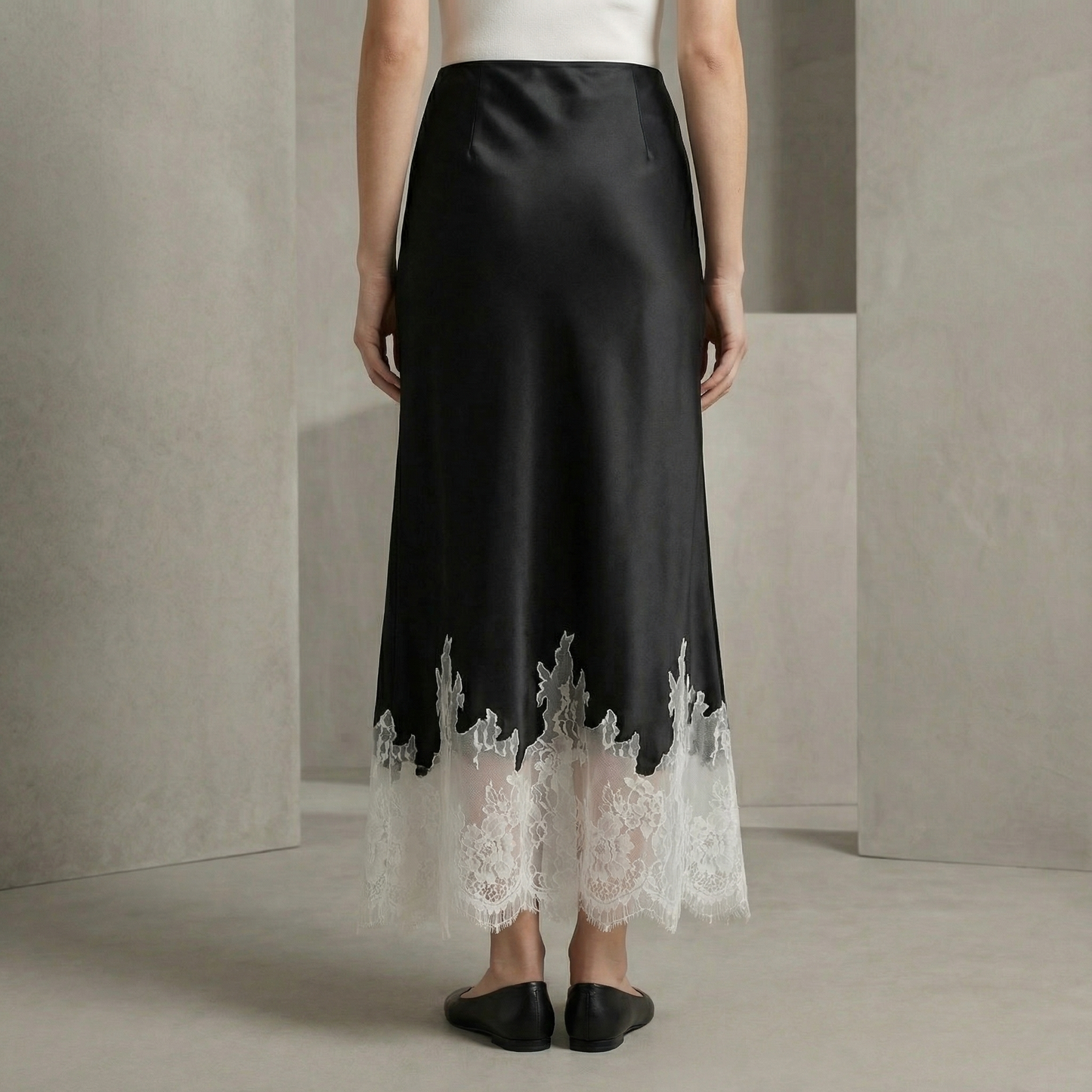 Sofia Satin Slip Skirt with Sheer Trim for Women – Elegant Mid-Length Fit
