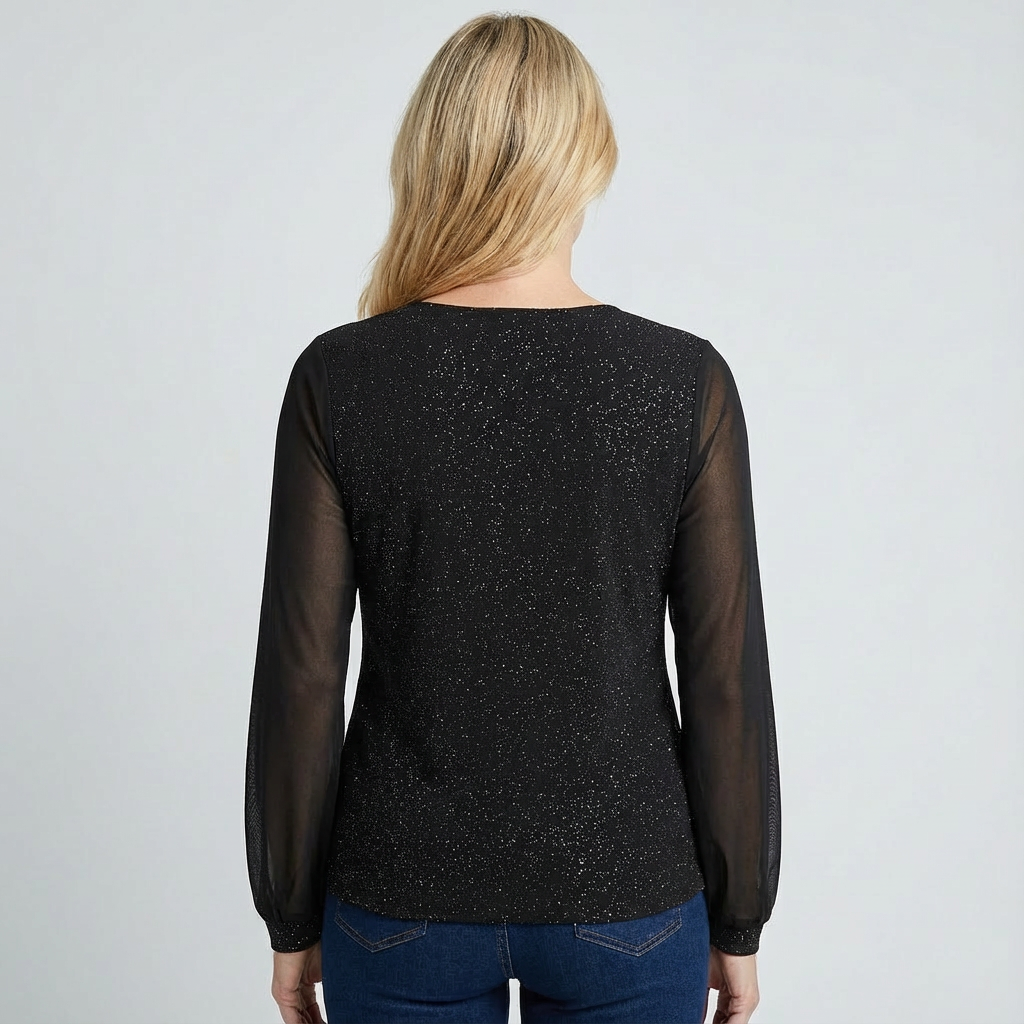 Sofia - Elegant V-Neck Blouse - Long Sleeve Shimmer Top
