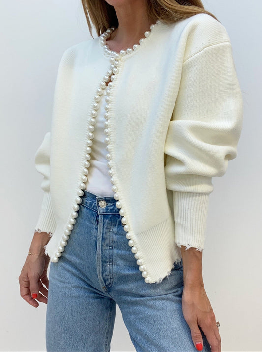 Pearl Button Knit Cardigan with Distressed Hem